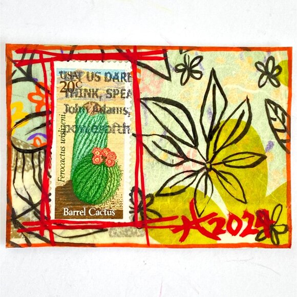 ACEO Original Mixed Media Art 1981 USA Barrel Cactus Plant Postage Stamp ATC - Picture 1 of 4